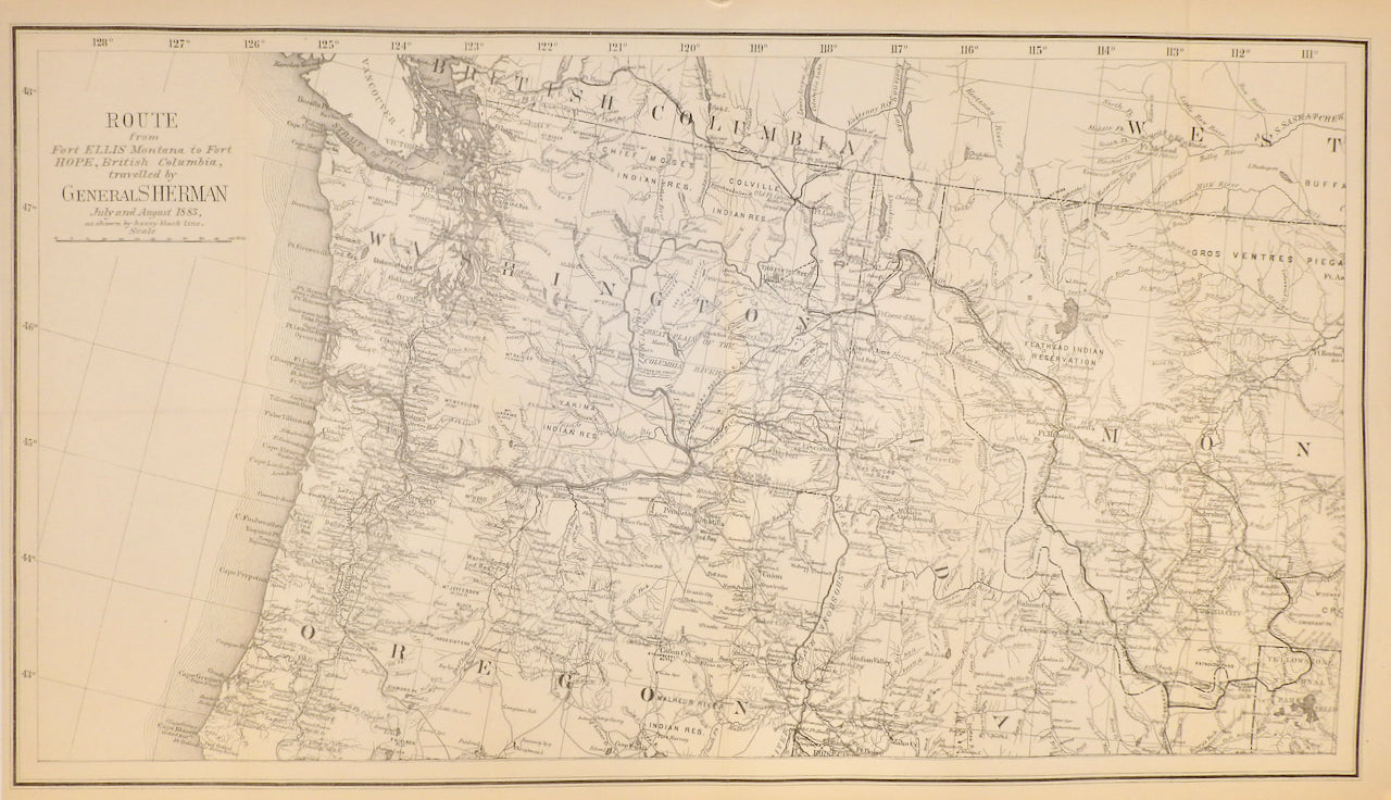 Route from Fort Ellis, Montana to Fort Hope, British Columbia  traveled by General Sherman July and August 1883