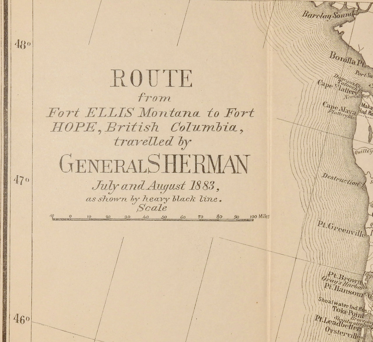 Route from Fort Ellis, Montana to Fort Hope, British Columbia  traveled by General Sherman July and August 1883