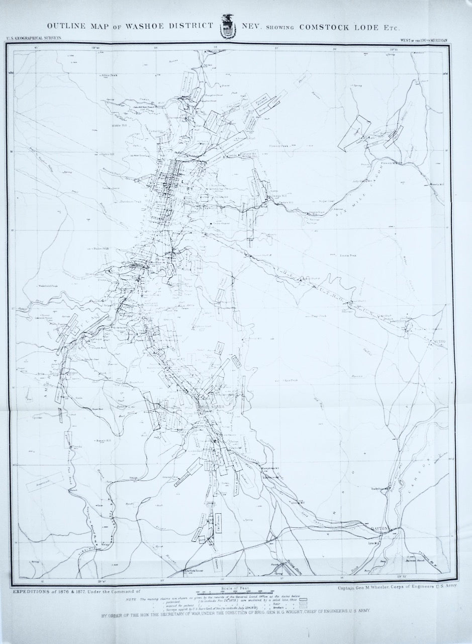 OUTLINE MAP OF WASHOE DISTRICT NEV SHOWING COMSTOCK LOAD WEST OF 100TH MEREDIAN 1877