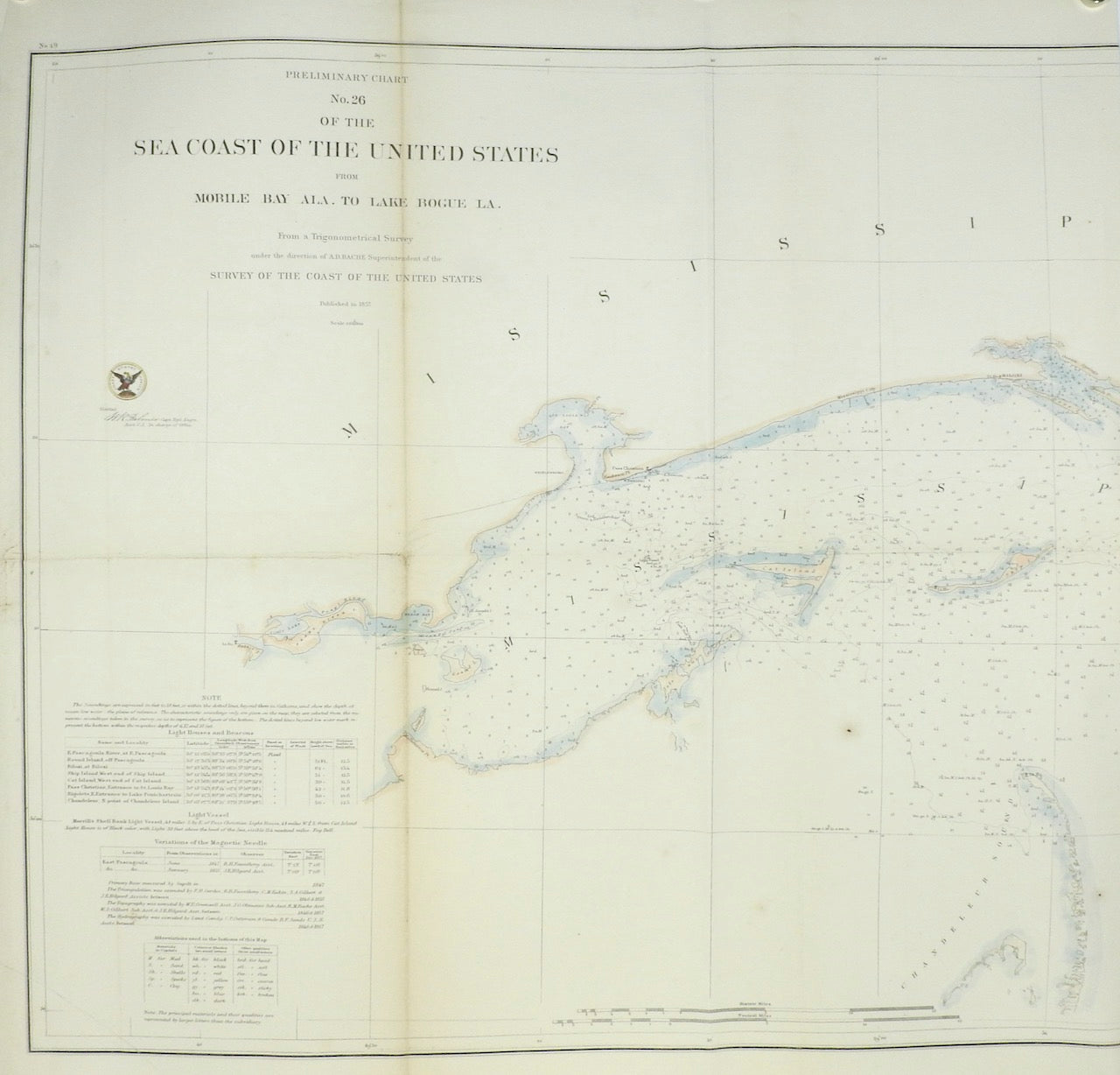 PRELIMINARY CHART NO 26 OF THE SEA COAST OF THE US FROM MOBILE BAY TO LAKE BOGUE LA