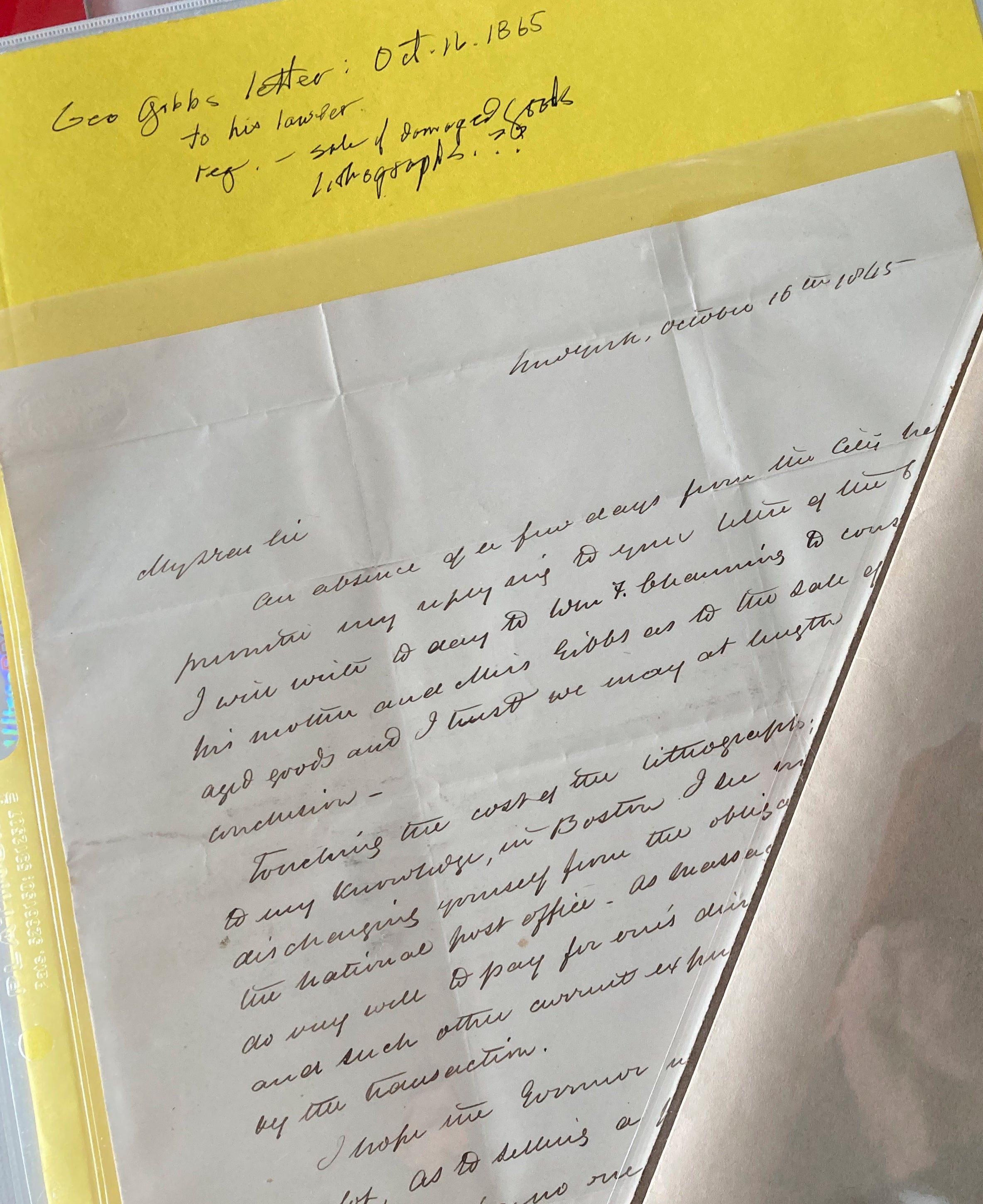 GEORGE GIBBS LETTER TO HIS LAWYER  REGARDING SALE OF DAMAGED GOODS 1865