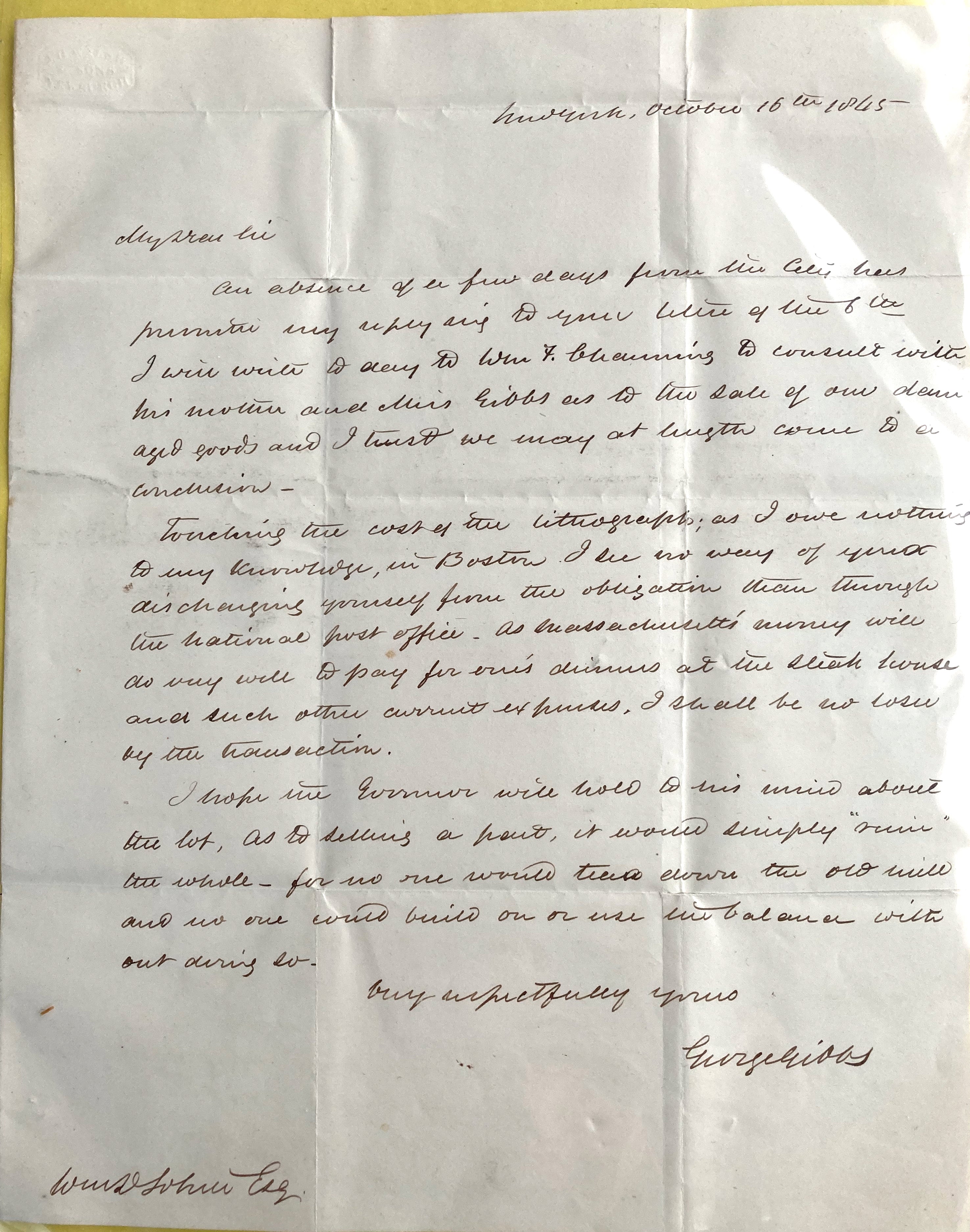 GEORGE GIBBS LETTER TO HIS LAWYER  REGARDING SALE OF DAMAGED GOODS 1865
