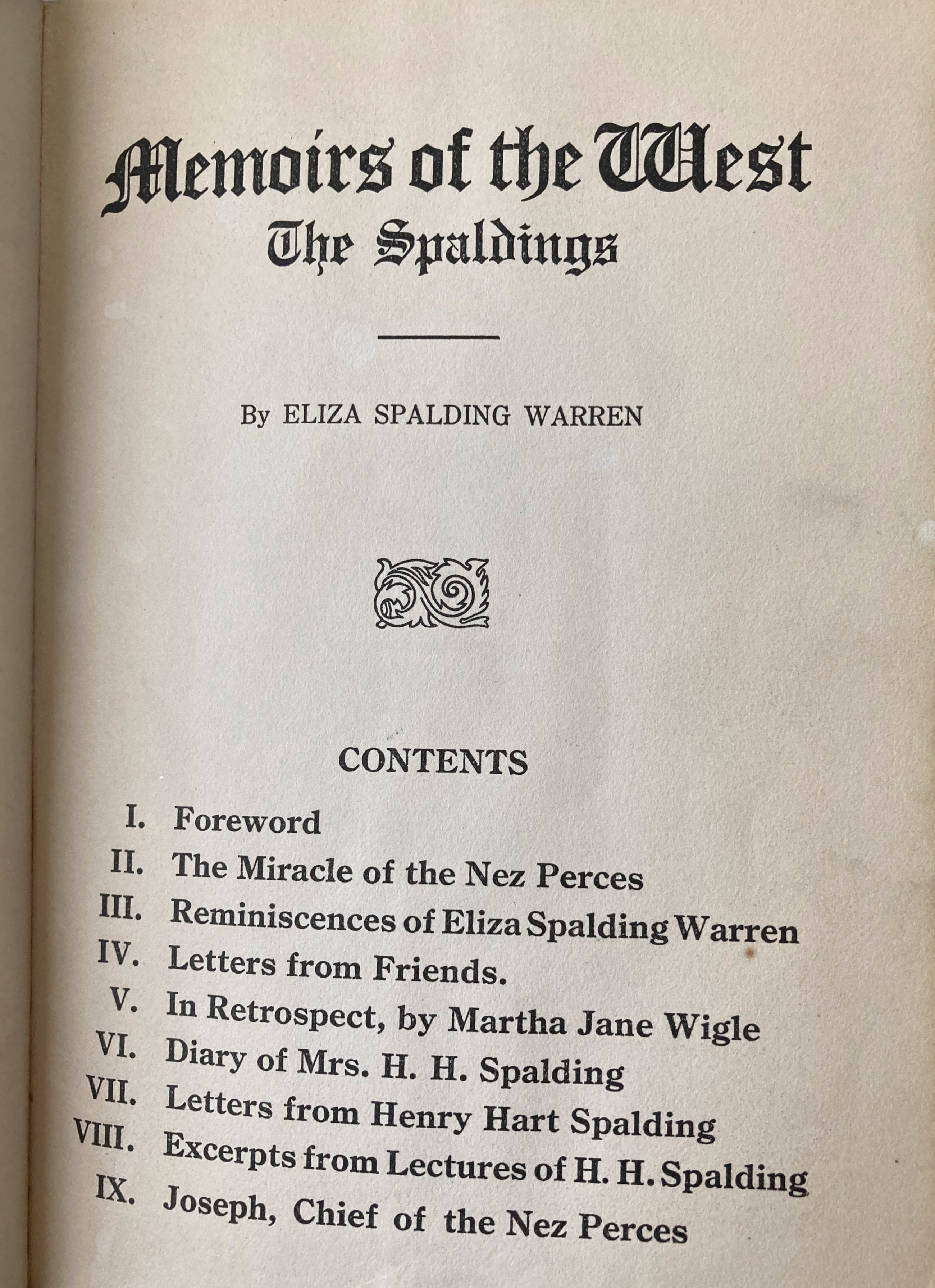 Memoirs of the West The Spauldings  Eliza Spaulding Warren 1915