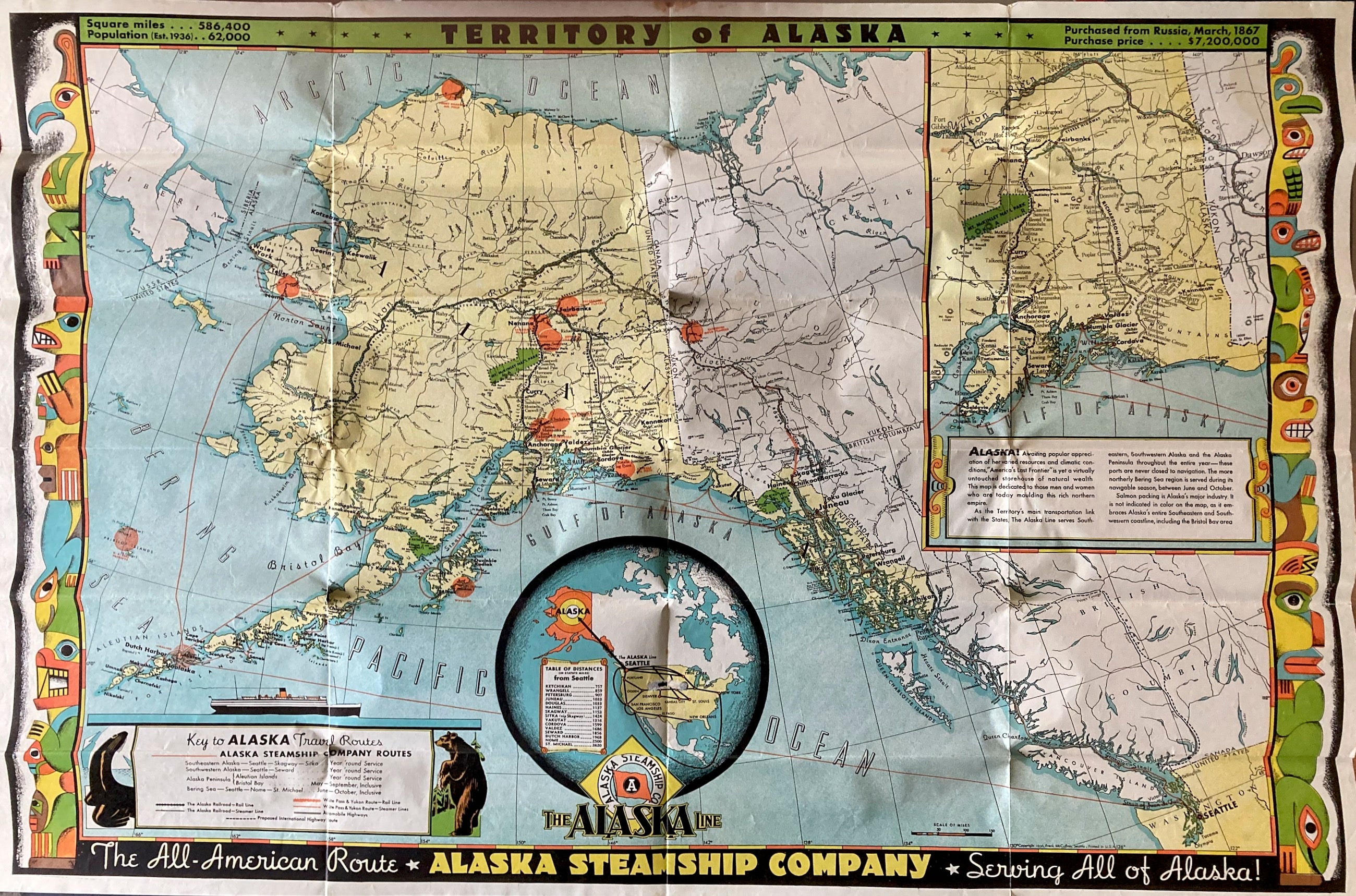 Territory Of Alaska: Alaska Steamship Line Map 1936