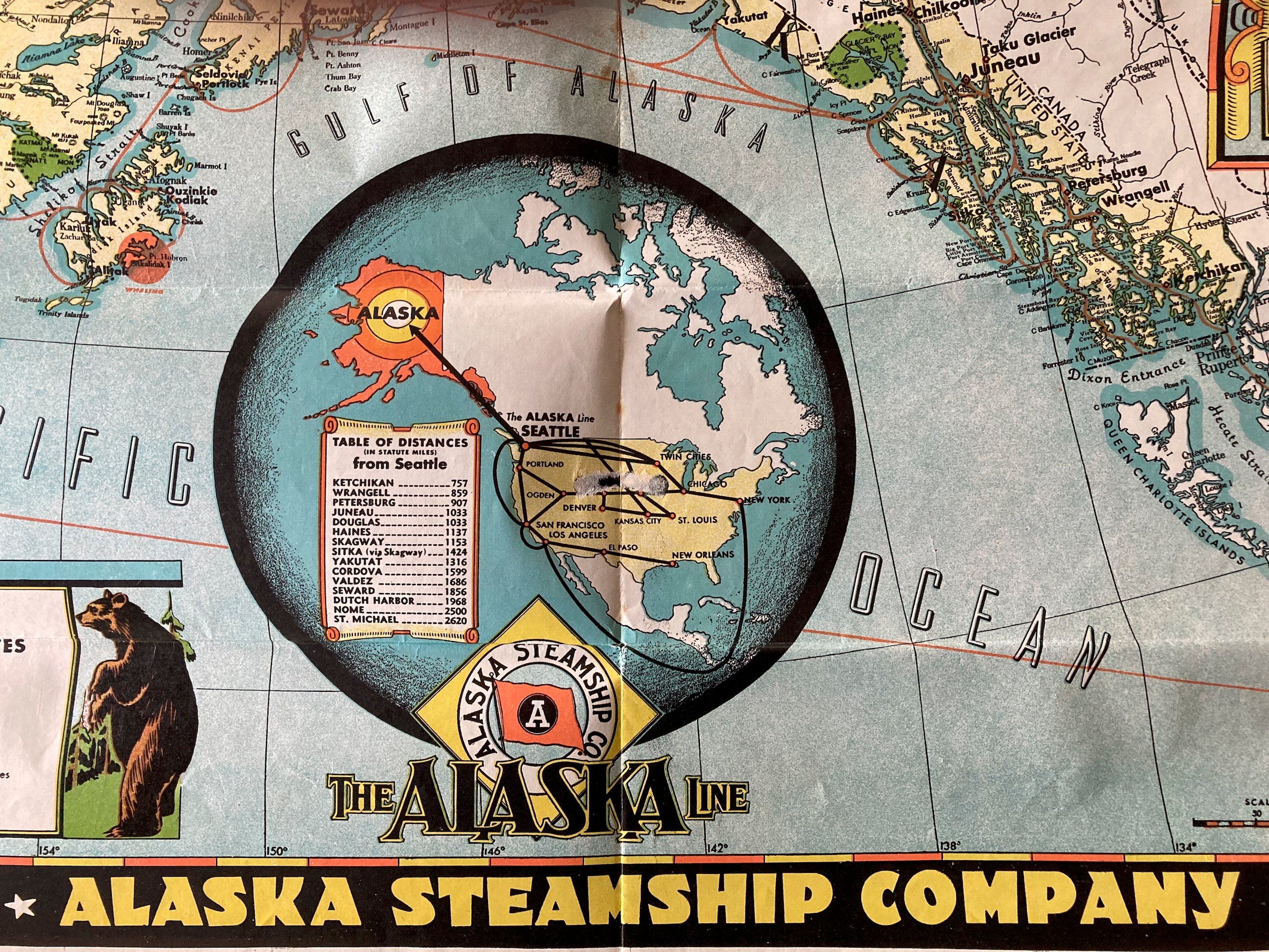 Territory Of Alaska: Alaska Steamship Line Map 1936