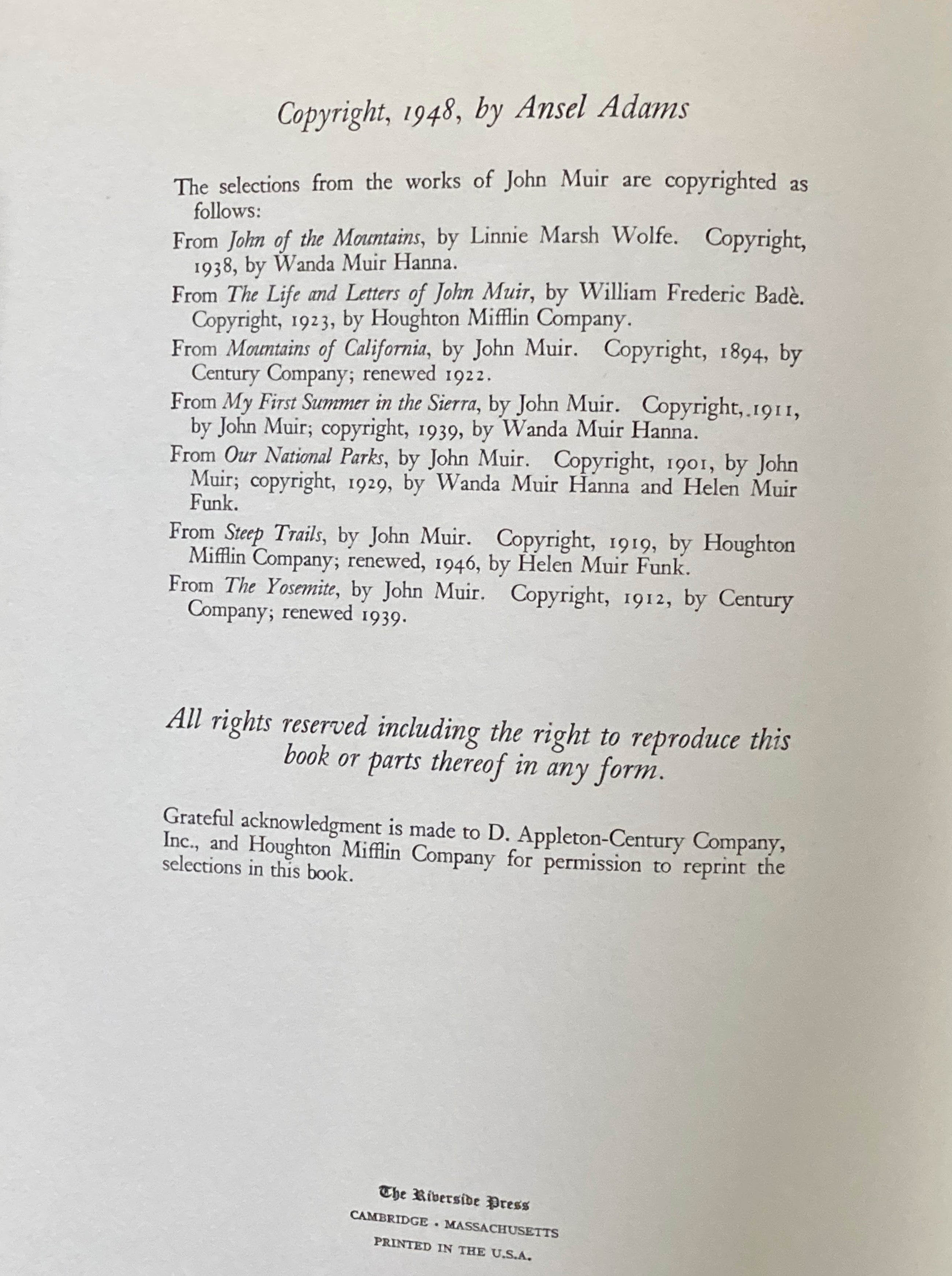 YOSEMITE AND THE SIERRA NEVADA ANSEL ADAMS, JOHN MUIR 1948