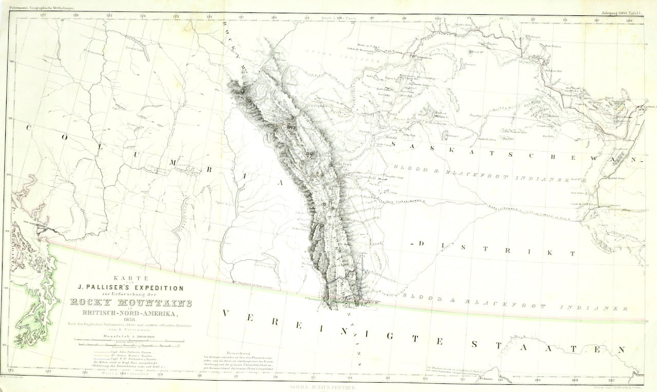 KARTE VON J. PALLISER’S EXPEDITION ZUR ERFORSCHUNG DER ROCKY MOUNTAINS IN BRITCH-NORD-AMERIKA, 1858