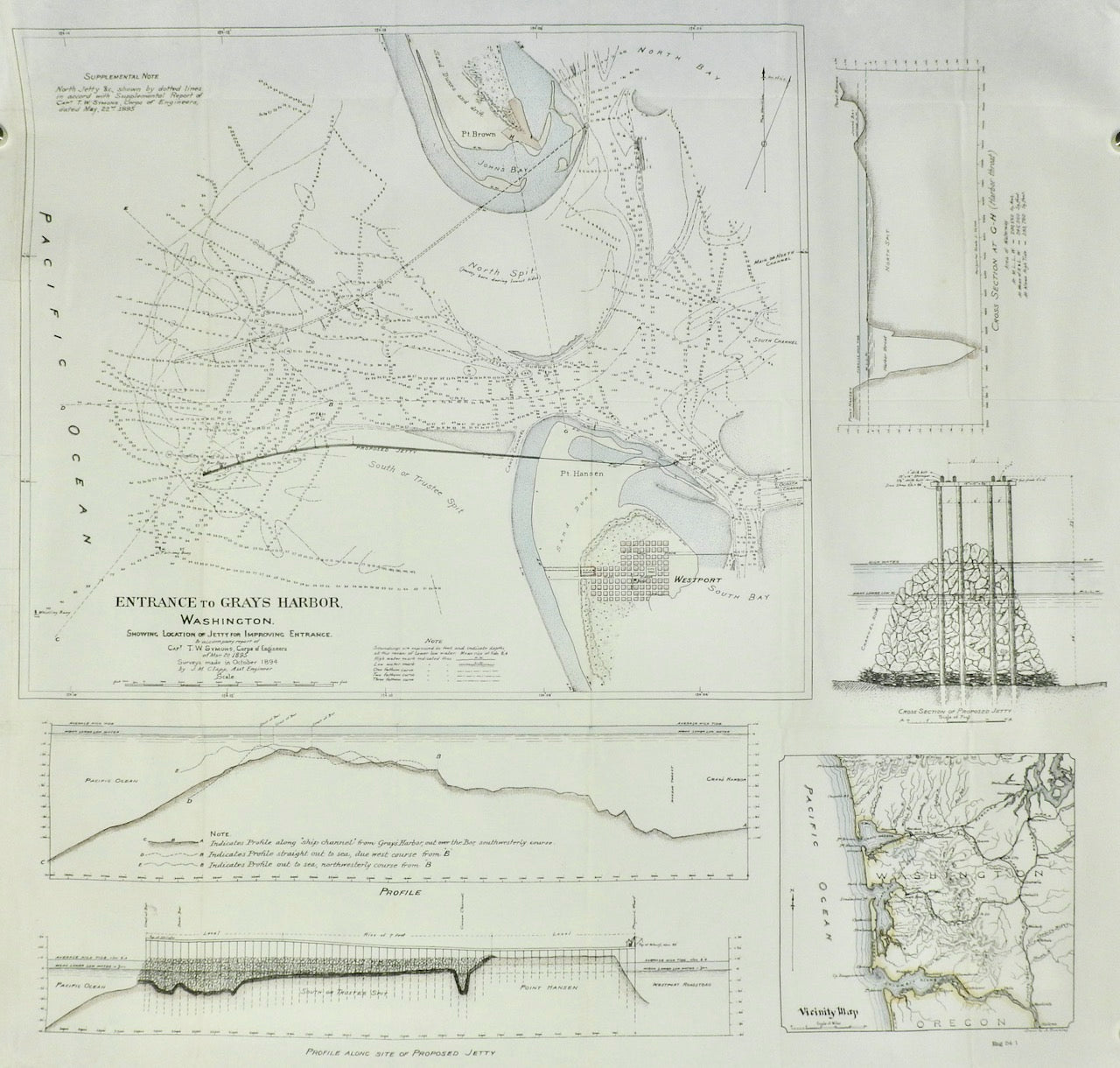 ENTRANCE TO GRAYS HARBOR WASHINGTON SHOWING LOCATION OF JETTY FOR IMPROVING ENTRANCE 1895